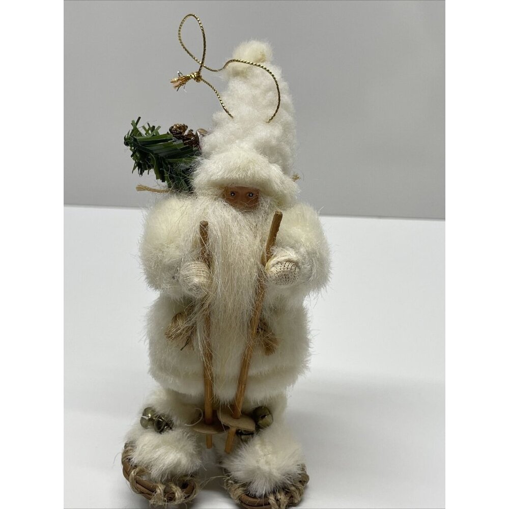 Snow Shoes‎ Santa Claus Skiing Christmas Holiday Ornament Figurine White Fuzzy